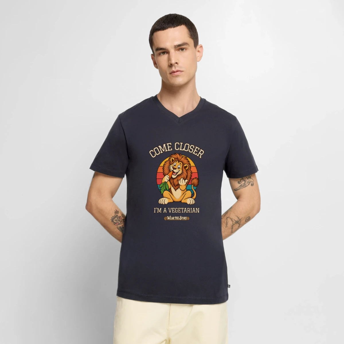 Men's Premium Organic V-Neck T-Shirt featuring Come Closer, I'm a Vegetarian