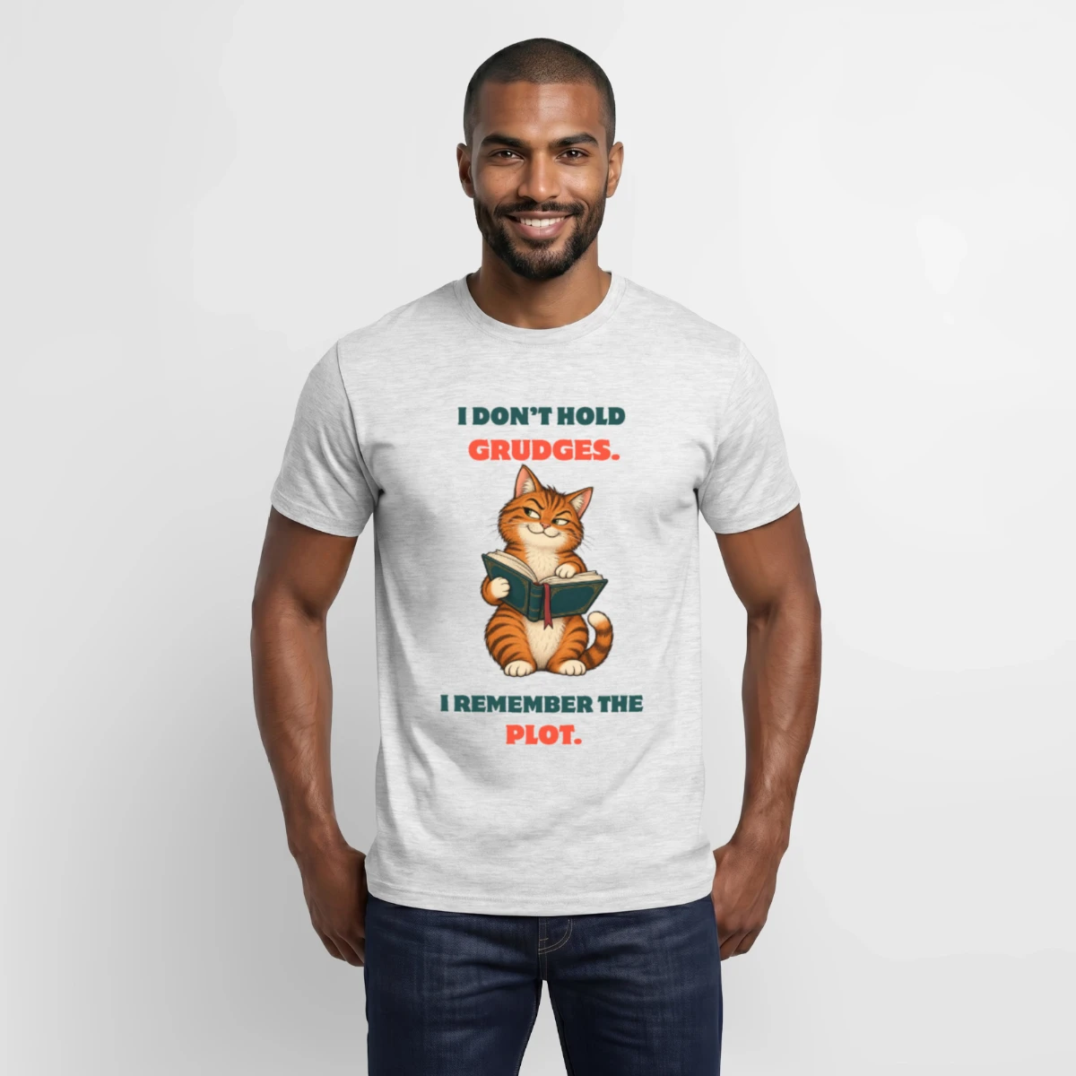 Men's T-Shirt featuring Cat Reads Book: Plot Instead of Grudges