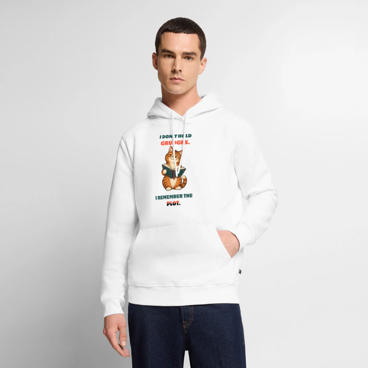Men's Premium Organic Hoodie featuring Cat Reads Book: Plot Instead of Grudges
