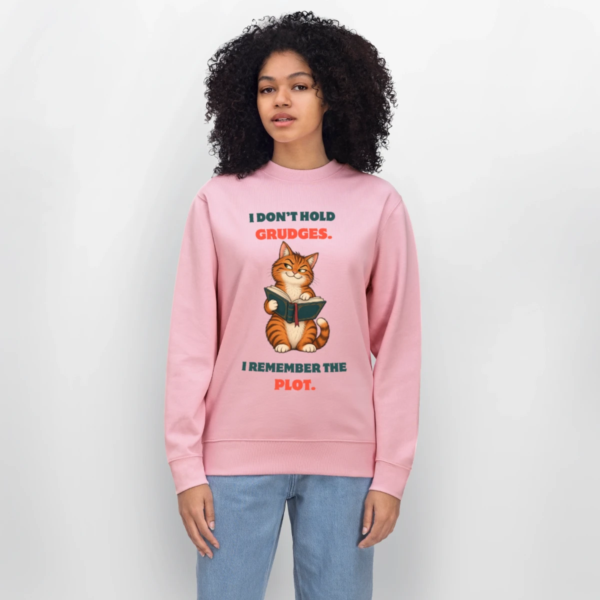 Stanley/Stella Unisex Organic Sweatshirt Changer featuring Cat Reads Book: Plot Instead of Grudges