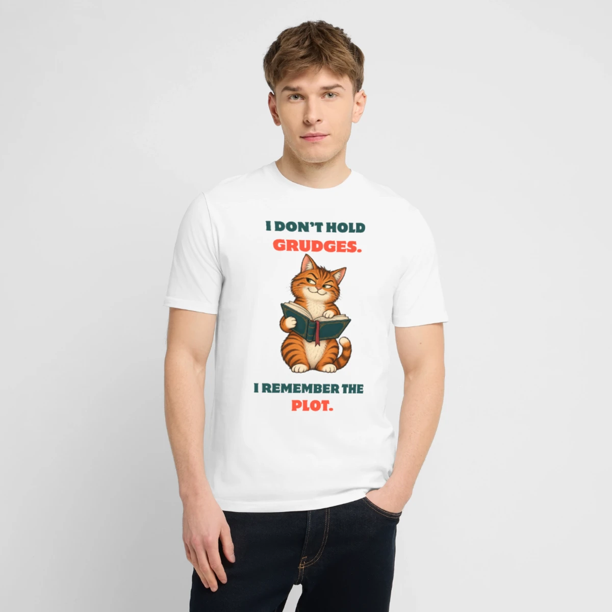 Stanley/Stella Unisex Organic T-Shirt Creator featuring Cat Reads Book: Plot Instead of Grudges