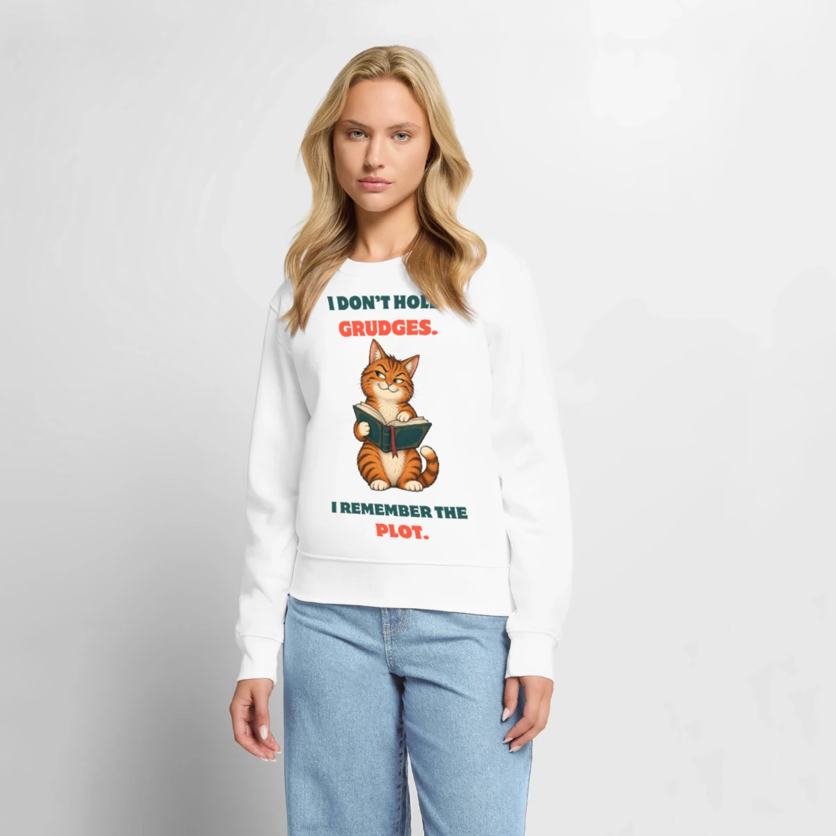 Women's Premium Organic Sweater featuring Cat Reads Book: Plot Instead of Grudges