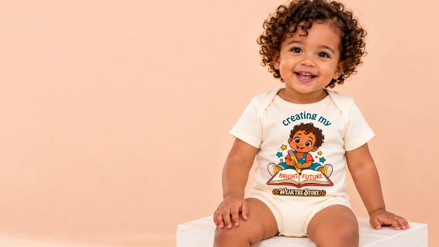 Baby wearing a Julz Storywear bodysuit in a bright studio