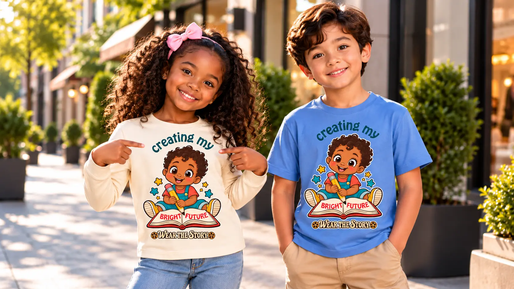 Two children wearing Julz Storywear Creating My Bright Future designs