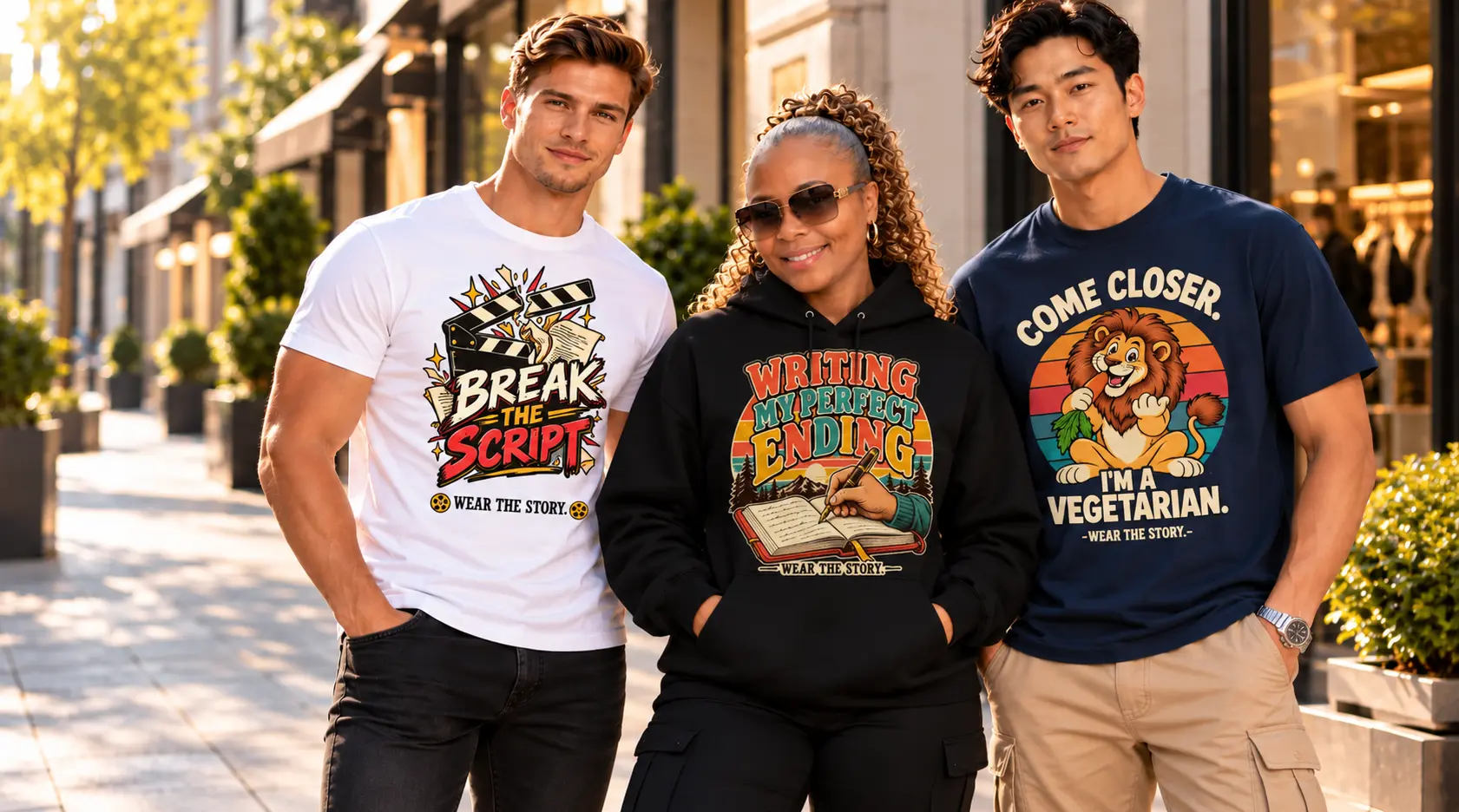 Three adult models wearing Julz Storywear T-shirts and hoodies